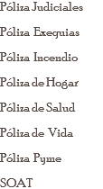 Póliza Judiciales Póliza Exequias Póliza Incendio Póliza de Hogar Póliza de Salud Póliza de Vida Póliza Pyme SOAT