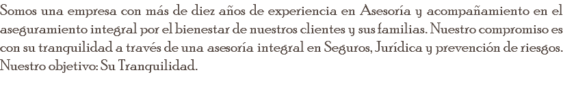 Somos una empresa con más de diez años de experiencia en Asesoría y acompañamiento en el aseguramiento integral por el bienestar de nuestros clientes y sus familias. Nuestro compromiso es con su tranquilidad a través de una asesoría integral en Seguros, Jurídica y prevención de riesgos. Nuestro objetivo: Su Tranquilidad. 